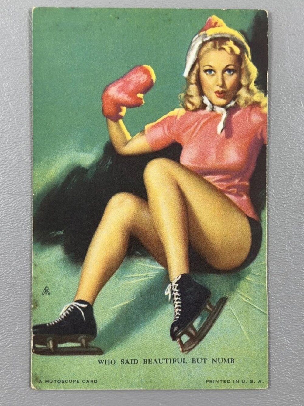 Vintage Pin Up Mutoscope Card Who Said Beautiful But Numb Blonde Ice Skater Retr